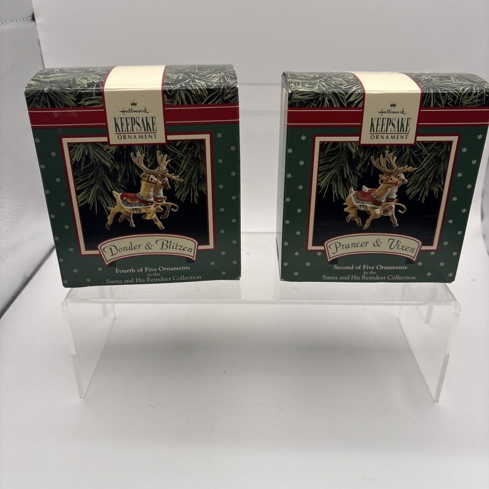 Vtg~Hallmark Ornaments~Lot of 2~Donder & Blitzen/Prancer & Vixen~IOB